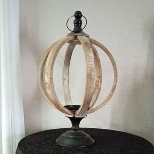 Rustic Wooden and Black Metal Orb Accent Candle Holder